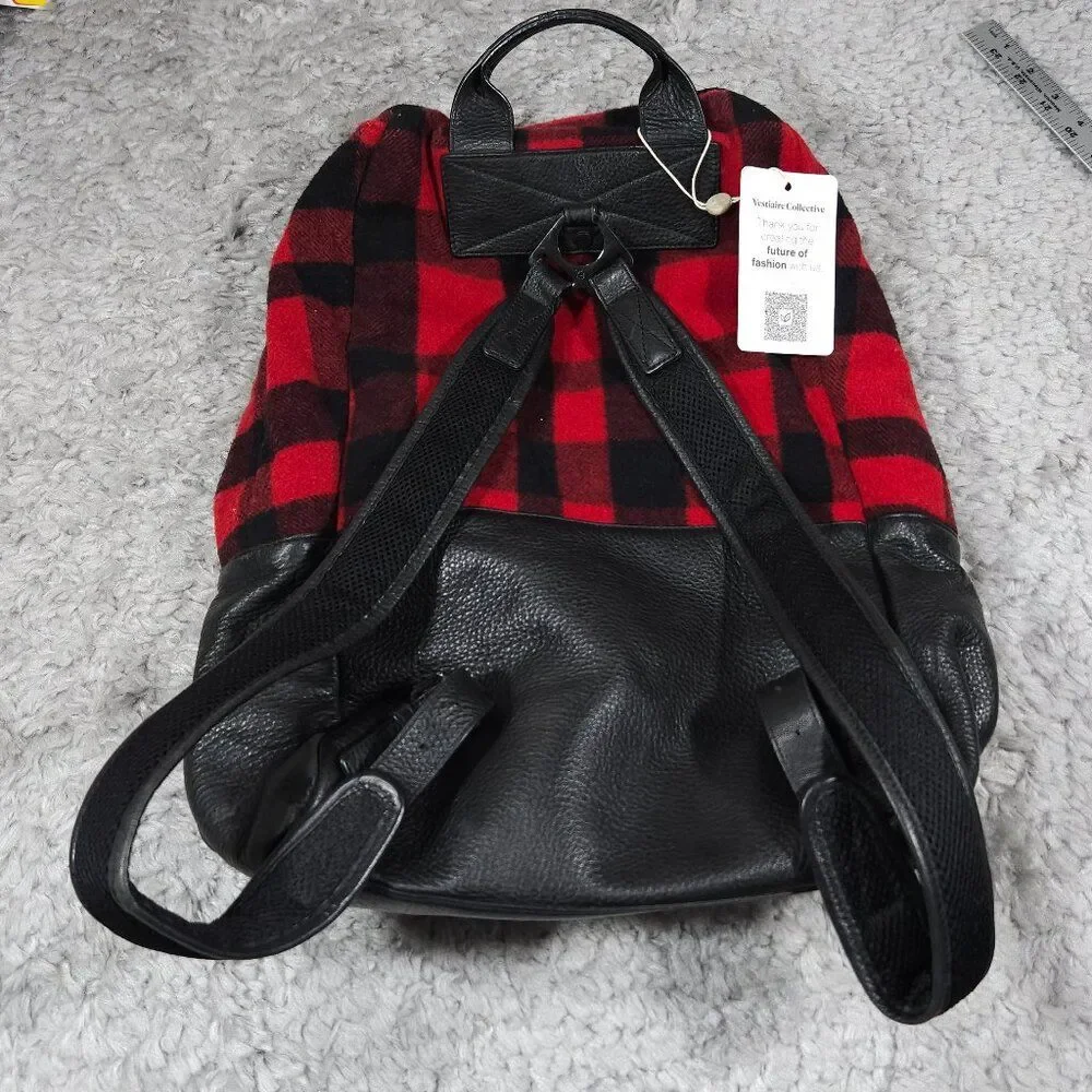 READ Mcq by Alexander Mcqueen Red Black Buffalo Plaid Wool Leather Backpack